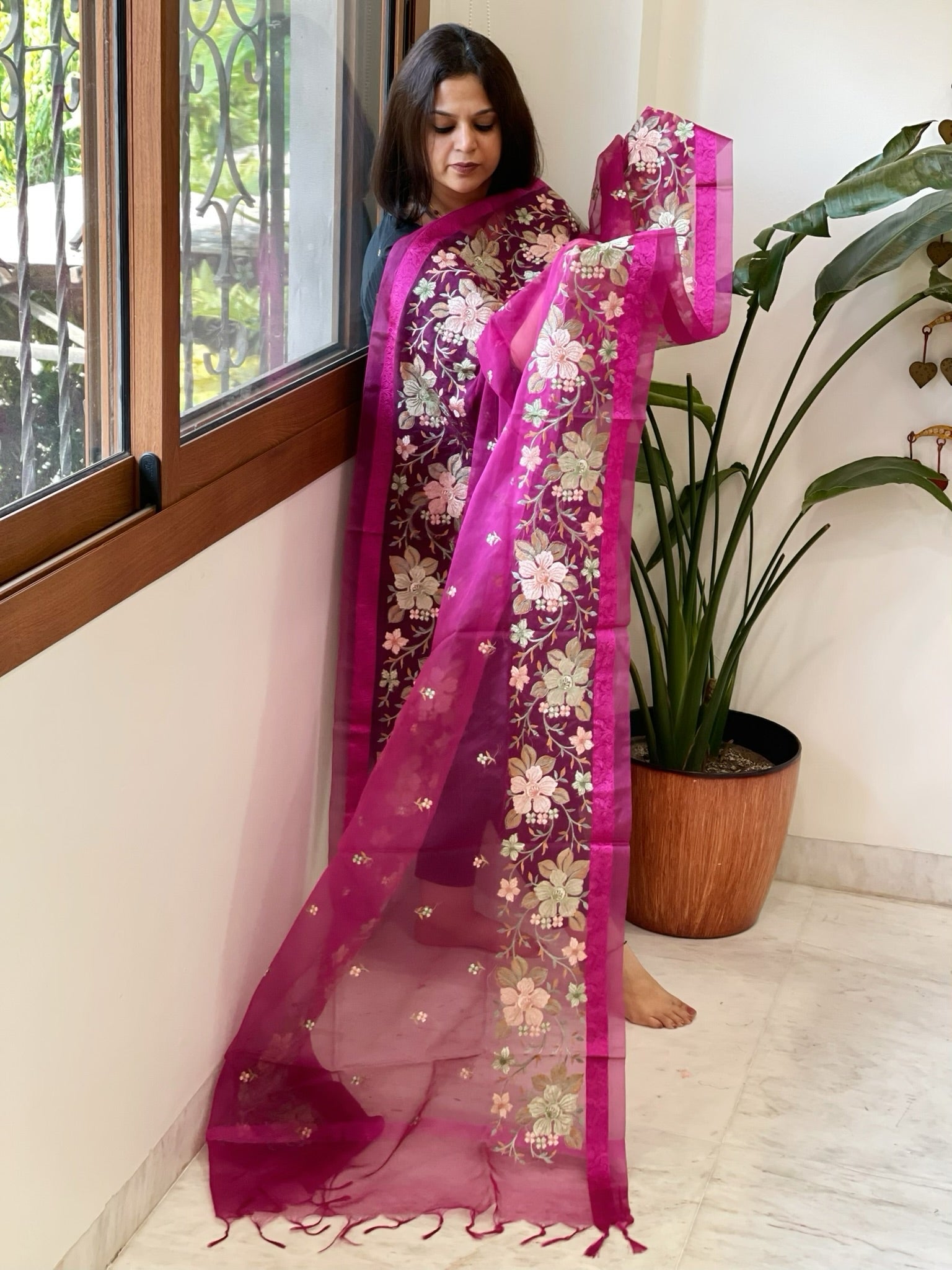 Magenta Organza Dupatta with Thread Embroidery - Masakalee