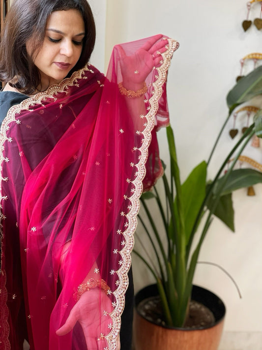 Magenta Pink Net Dupatta with Pearl, Sequin and Cut Daana Embroidery - Masakalee
