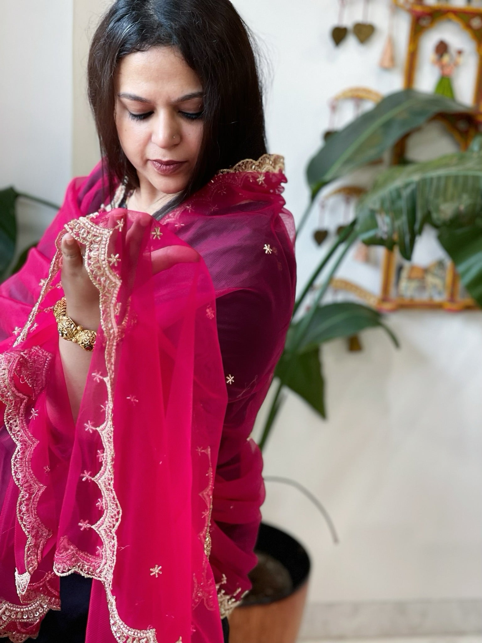 Magenta Pink Net Dupatta with Pearl, Sequin and Cut Daana Embroidery - Masakalee