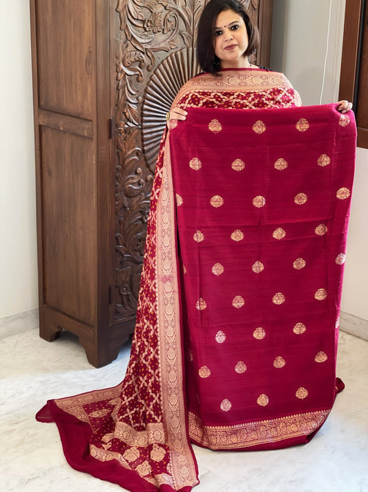 Maroon Banarasi Suit Set in Raw Silk with Neemzari Bandhani Dupatta - Masakalee