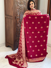 Maroon Banarasi Suit Set in Raw Silk with Neemzari Bandhani Dupatta - Masakalee