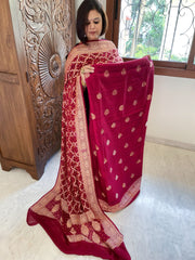 Maroon Banarasi Suit Set in Raw Silk with Neemzari Bandhani Dupatta - Masakalee