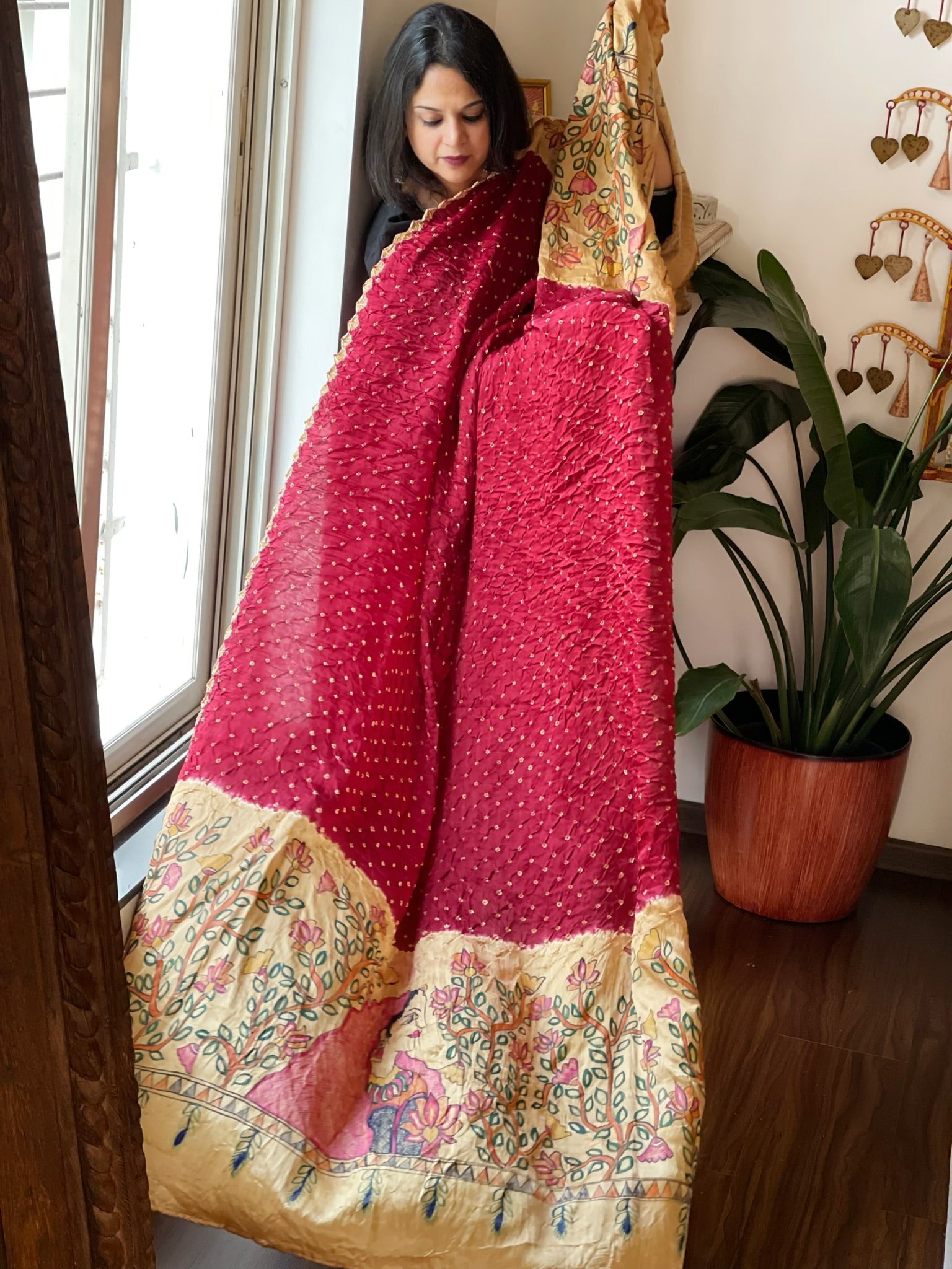 Maroon Bandhani Dupatta with Handpainted Madhubani Pallu in Modal Silk - Masakalee