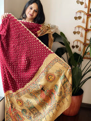 Maroon Bandhani Dupatta with Handpainted Madhubani Pallu in Modal Silk - Masakalee