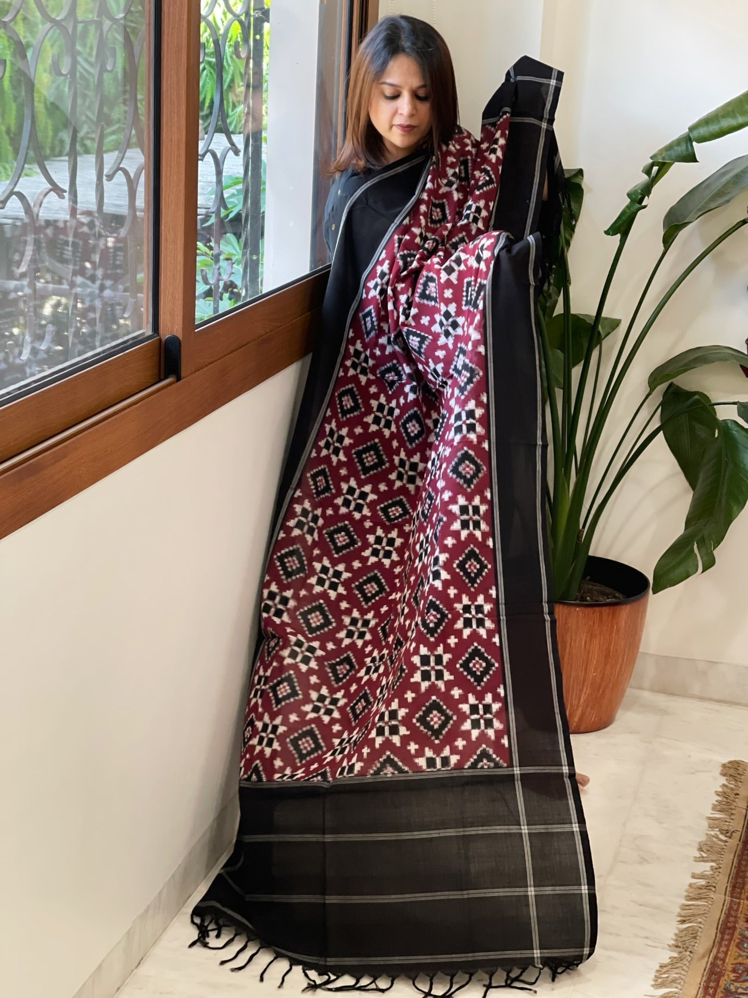 Maroon, Black Double Ikat Telia Rumal Dupatta in Cotton - Masakalee
