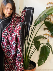 Maroon, Black Double Ikat Telia Rumal Dupatta in Cotton - Masakalee