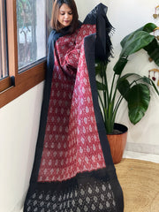 Maroon, Black Handwoven Ikat Dupatta in Cotton - Masakalee