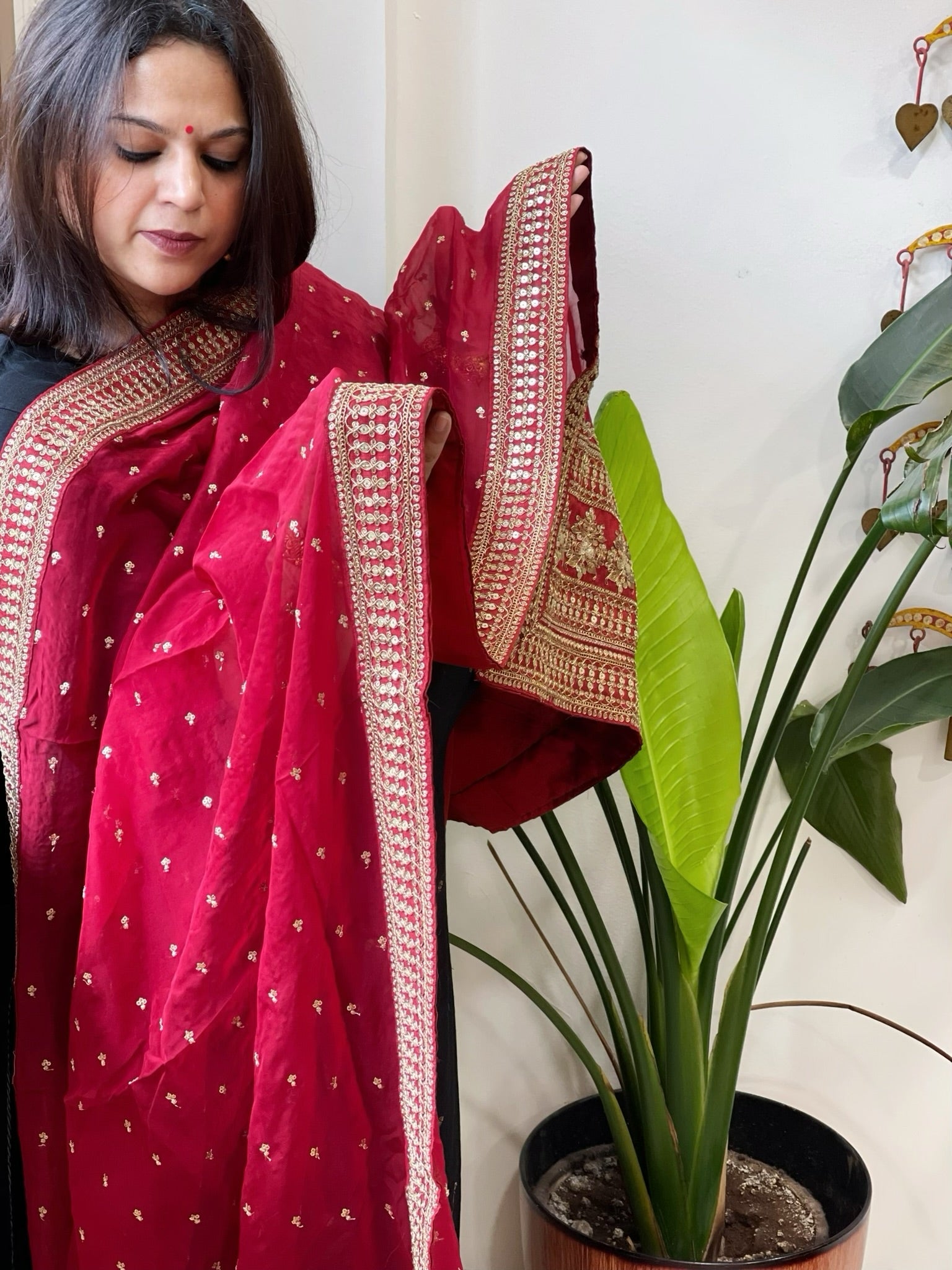 Maroon Chinon Dupatta with Sequin and Aari Embroidery - Masakalee