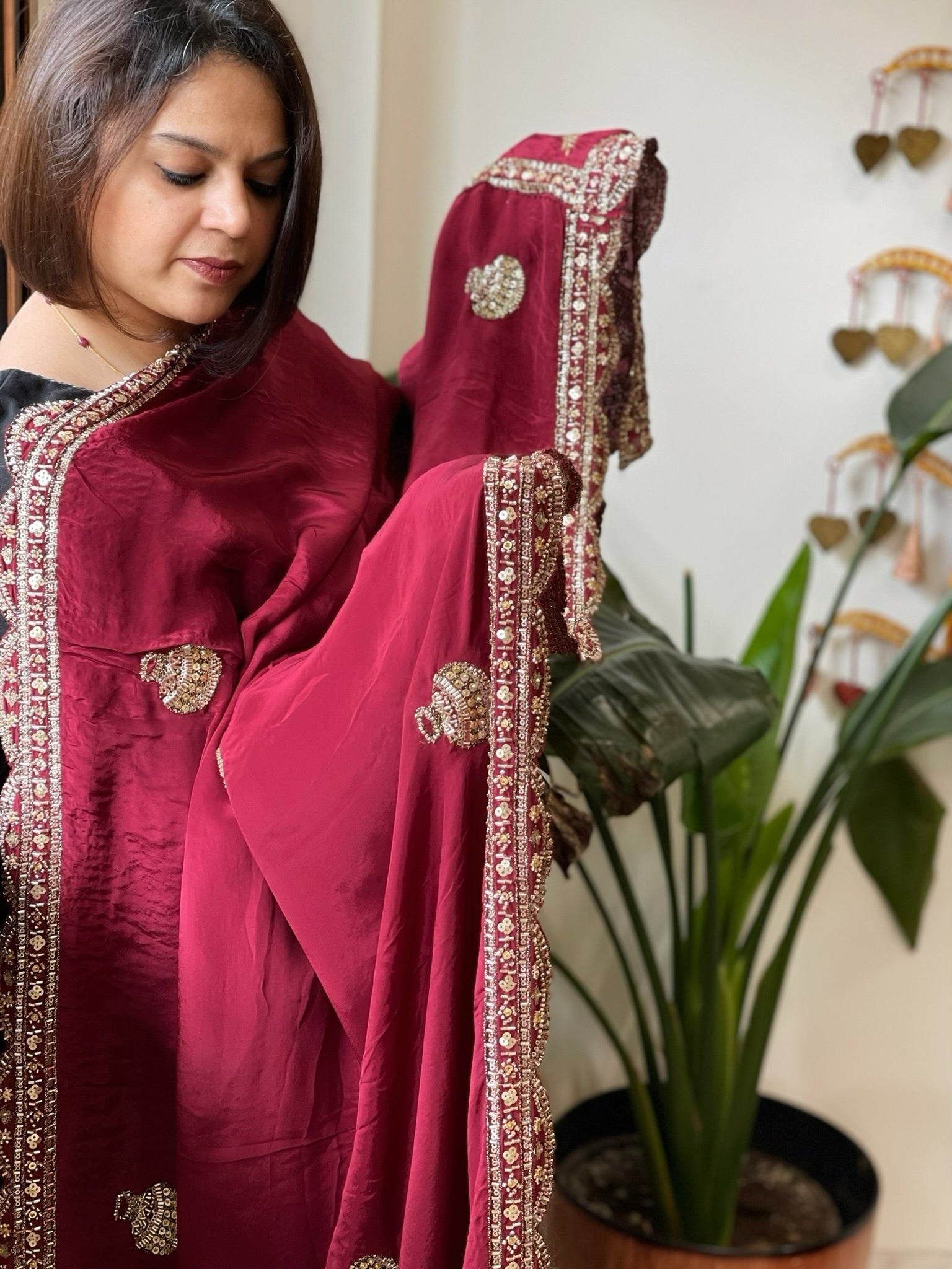 Maroon Crepe Dupatta with Pearl, Cut Daana, Gold Thread & Sequin Embroidery - Masakalee