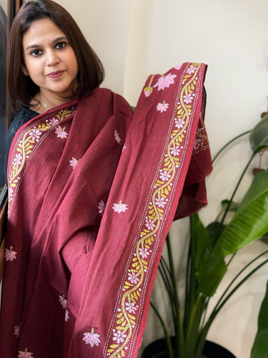 Maroon Handmade Kantha Dupatta in Pure Cotton - Masakalee