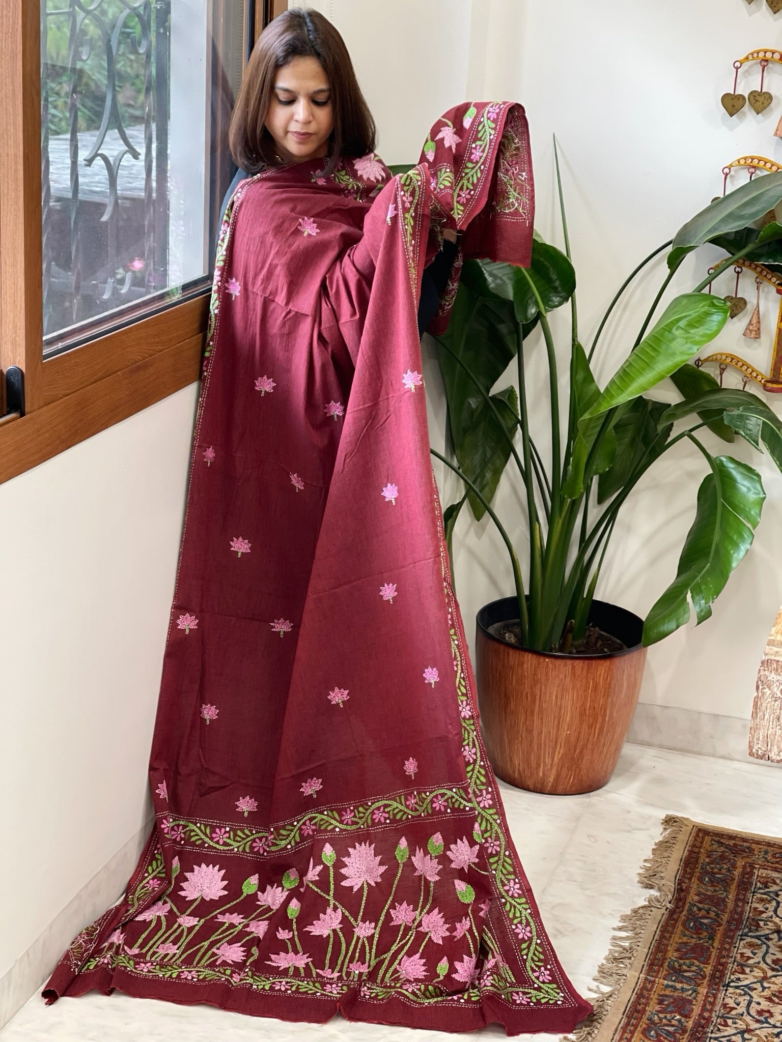 Maroon Handmade Kantha Dupatta in Pure Cotton - Masakalee
