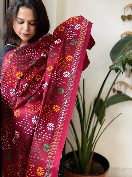 Maroon Handmade Kantha Dupatta in Pure Cotton - Masakalee