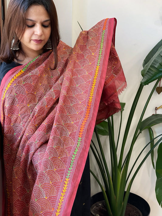 Maroon Handmade Kantha Dupatta in Silk - Masakalee