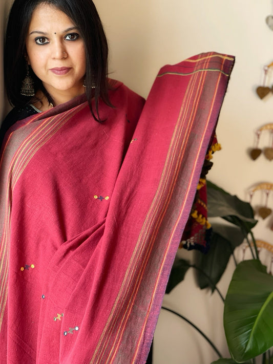 Maroon Handwoven Bhujodi Dupatta with Mirror & Thread Handwork in Cotton - Masakalee