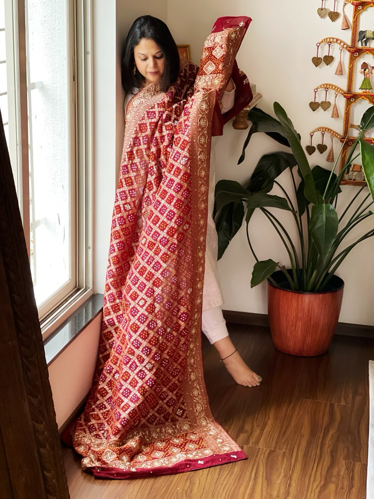 Maroon Handwoven NeemZari Bareek Bandhani with Dabka Handwork in Pure Georgette - Masakalee