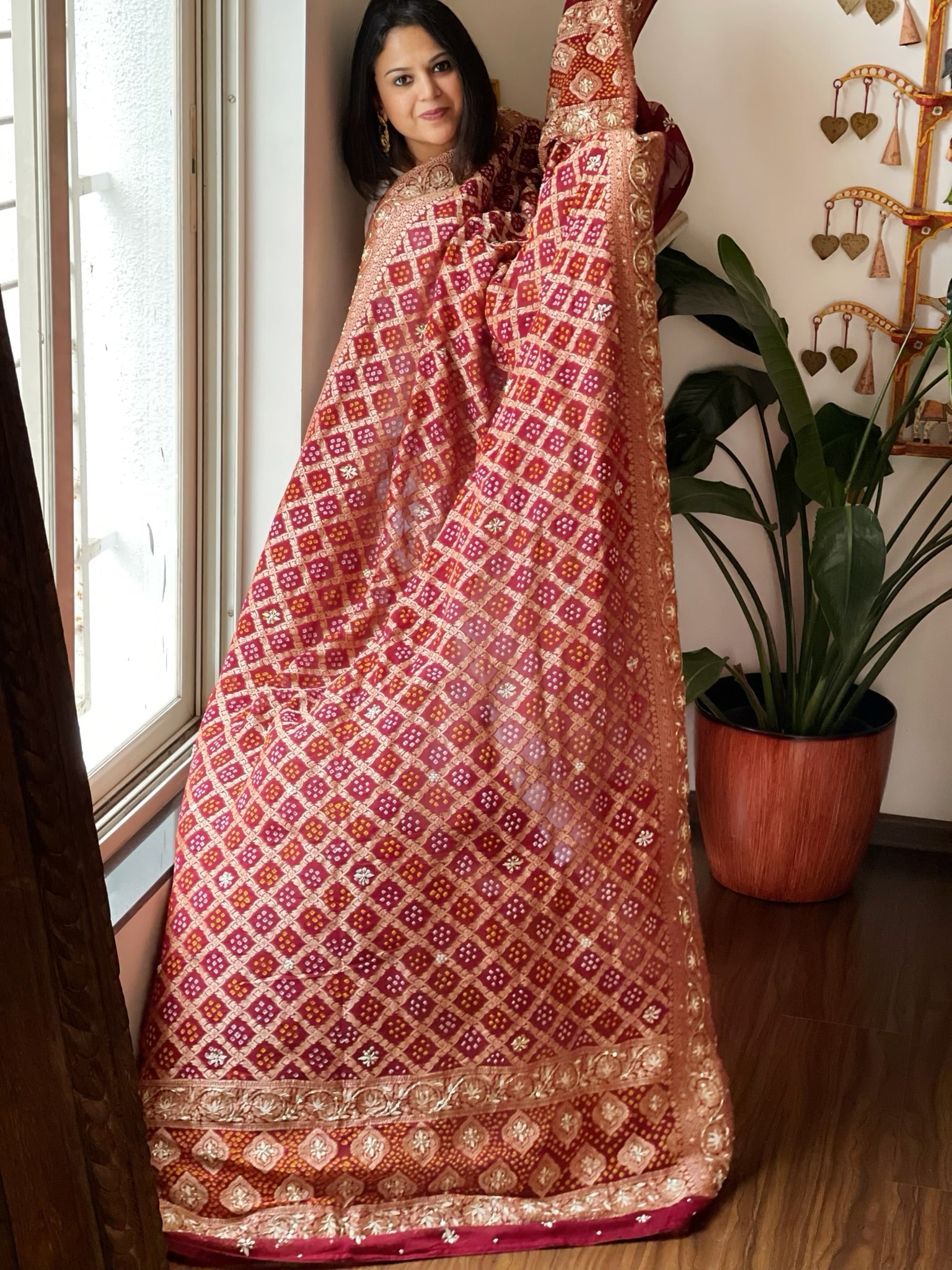Maroon Handwoven NeemZari Bareek Bandhani with Dabka Handwork in Pure Georgette - Masakalee