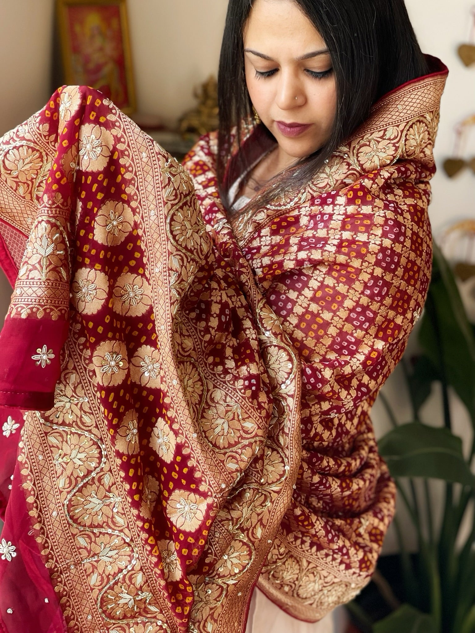 Maroon Handwoven NeemZari Bareek Bandhani with Dabka Handwork in Pure Georgette - Masakalee