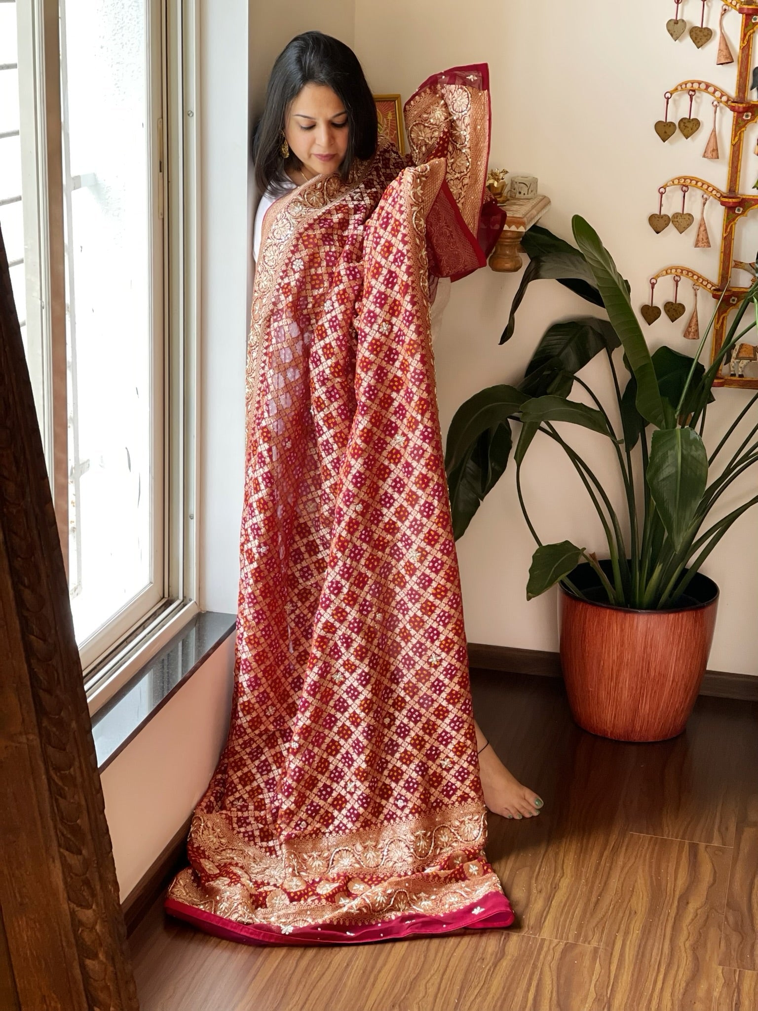 Maroon Handwoven NeemZari Bareek Bandhani with Dabka Handwork in Pure Georgette - Masakalee