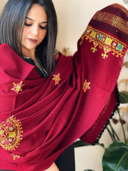 Maroon Handwoven Woollen Shawl with Thread and Mirror Handwork - Masakalee
