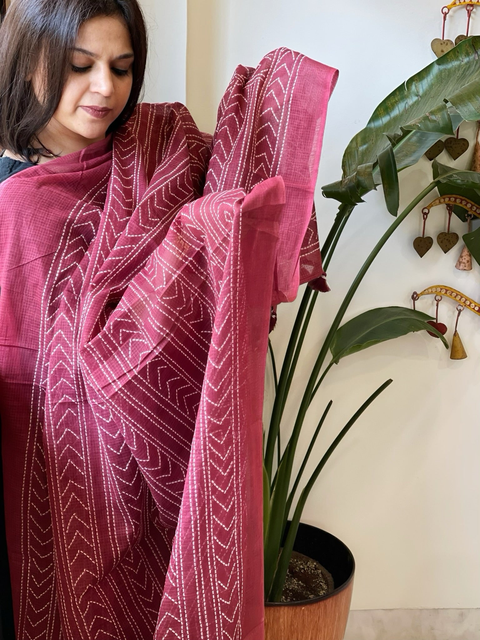 Maroon Kota Cotton Handblock Printed Dupatta - Masakalee