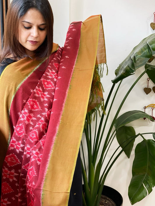 Maroon, Mustard Handwoven Ikat Dupatta in Cotton - Masakalee