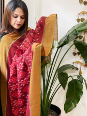 Maroon, Mustard Handwoven Ikat Dupatta in Cotton - Masakalee