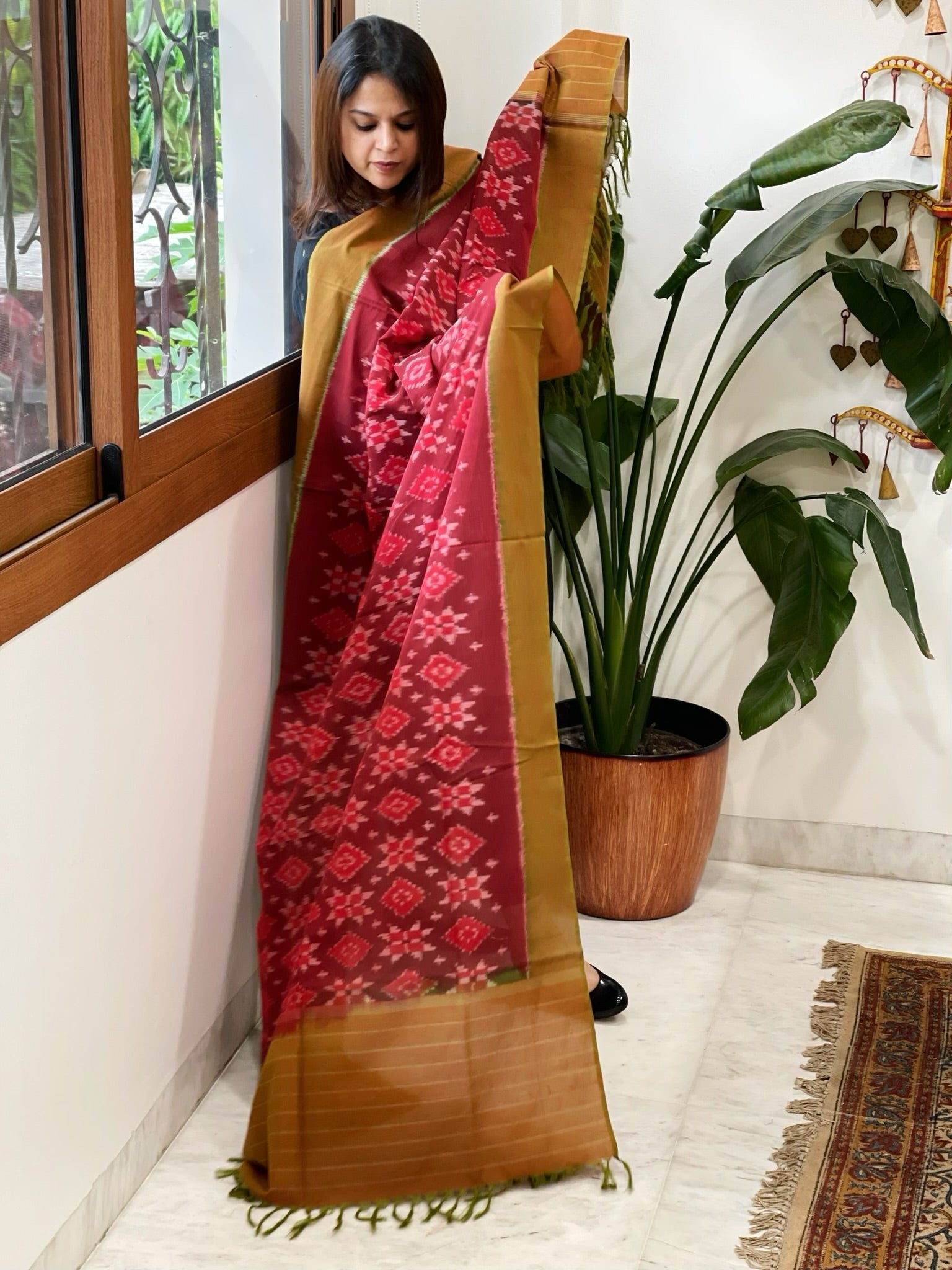 Maroon, Mustard Handwoven Ikat Dupatta in Cotton - Masakalee