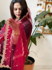Maroon Net Dupatta with Pearl, Sequin and Cut Daana Embroidery - Masakalee