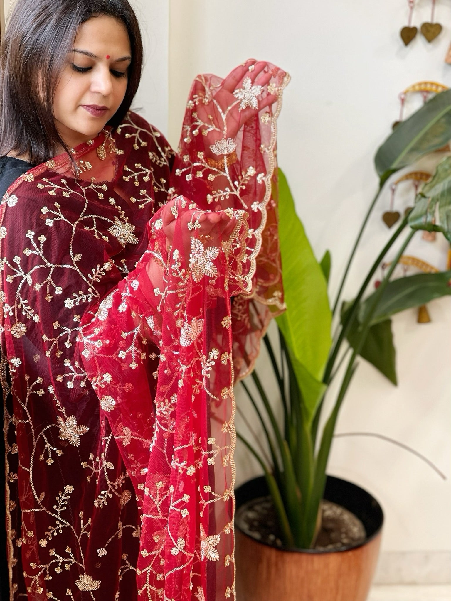 Maroon Net Dupatta with Sequin and Cut Daana Embroidery - Masakalee