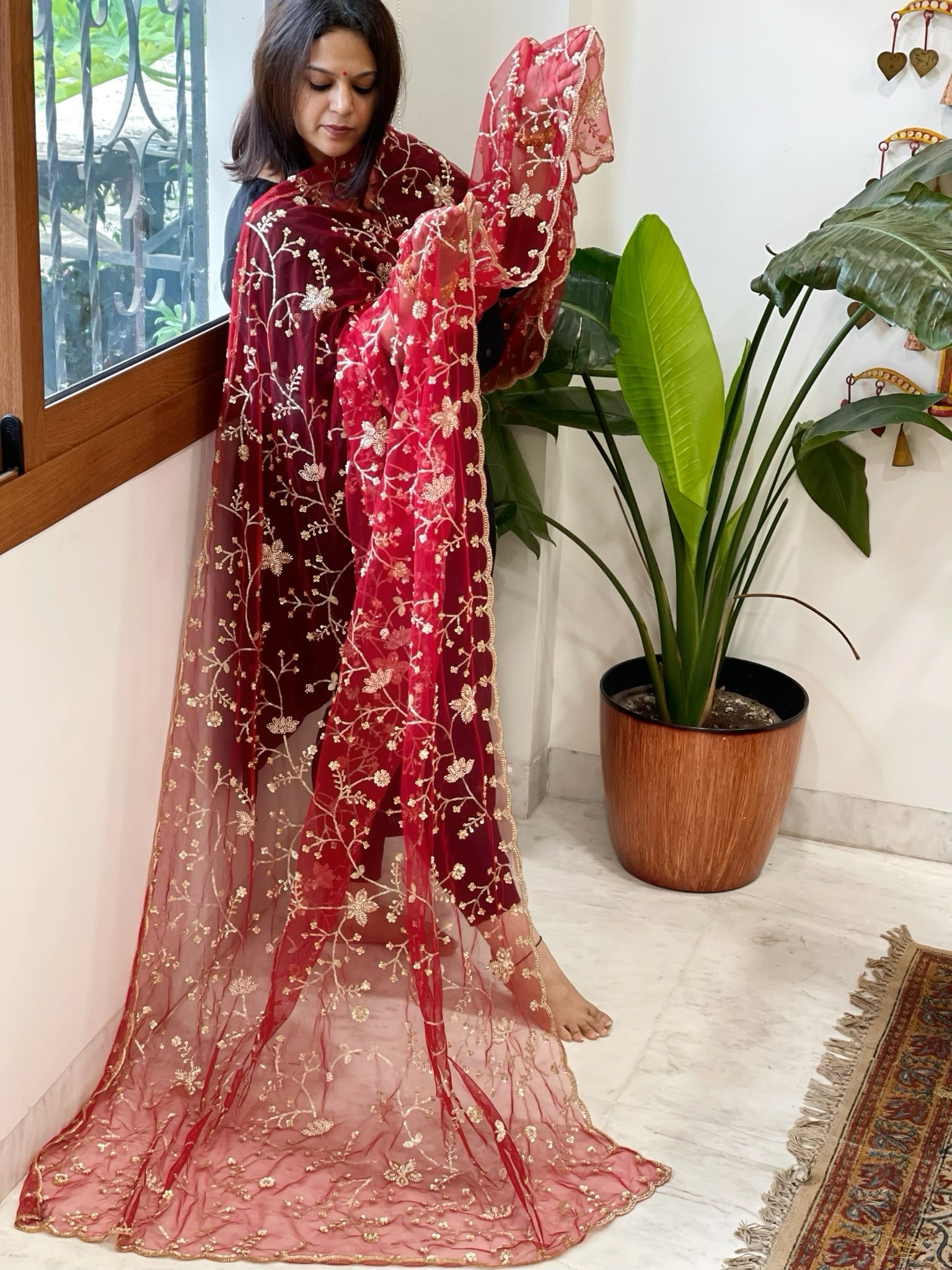 Maroon Net Dupatta with Sequin and Cut Daana Embroidery - Masakalee