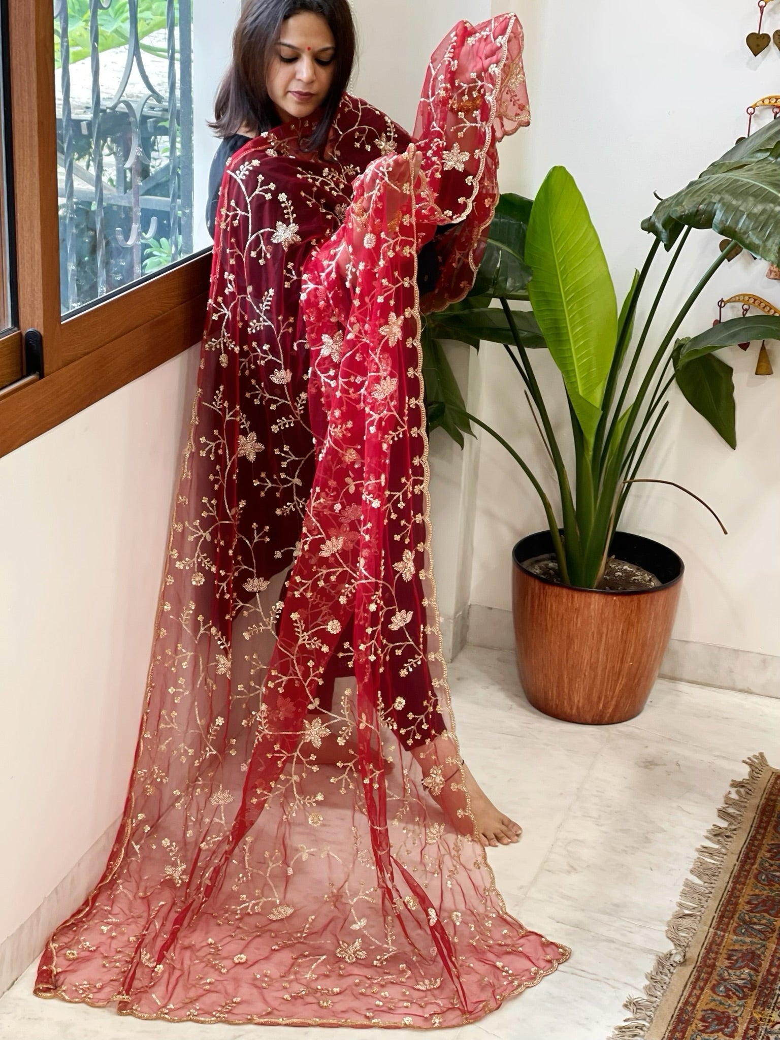 Maroon Net Dupatta with Sequin and Cut Daana Embroidery - Masakalee