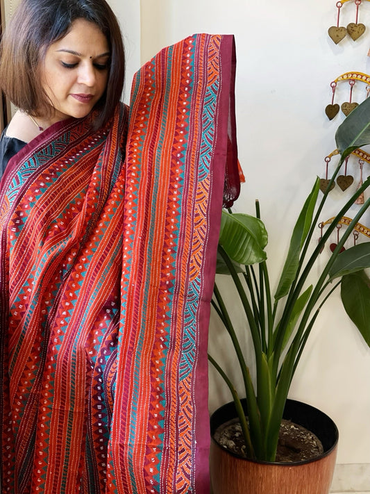 Maroon, Orange Handmade Kantha Dupatta in Silk - Masakalee