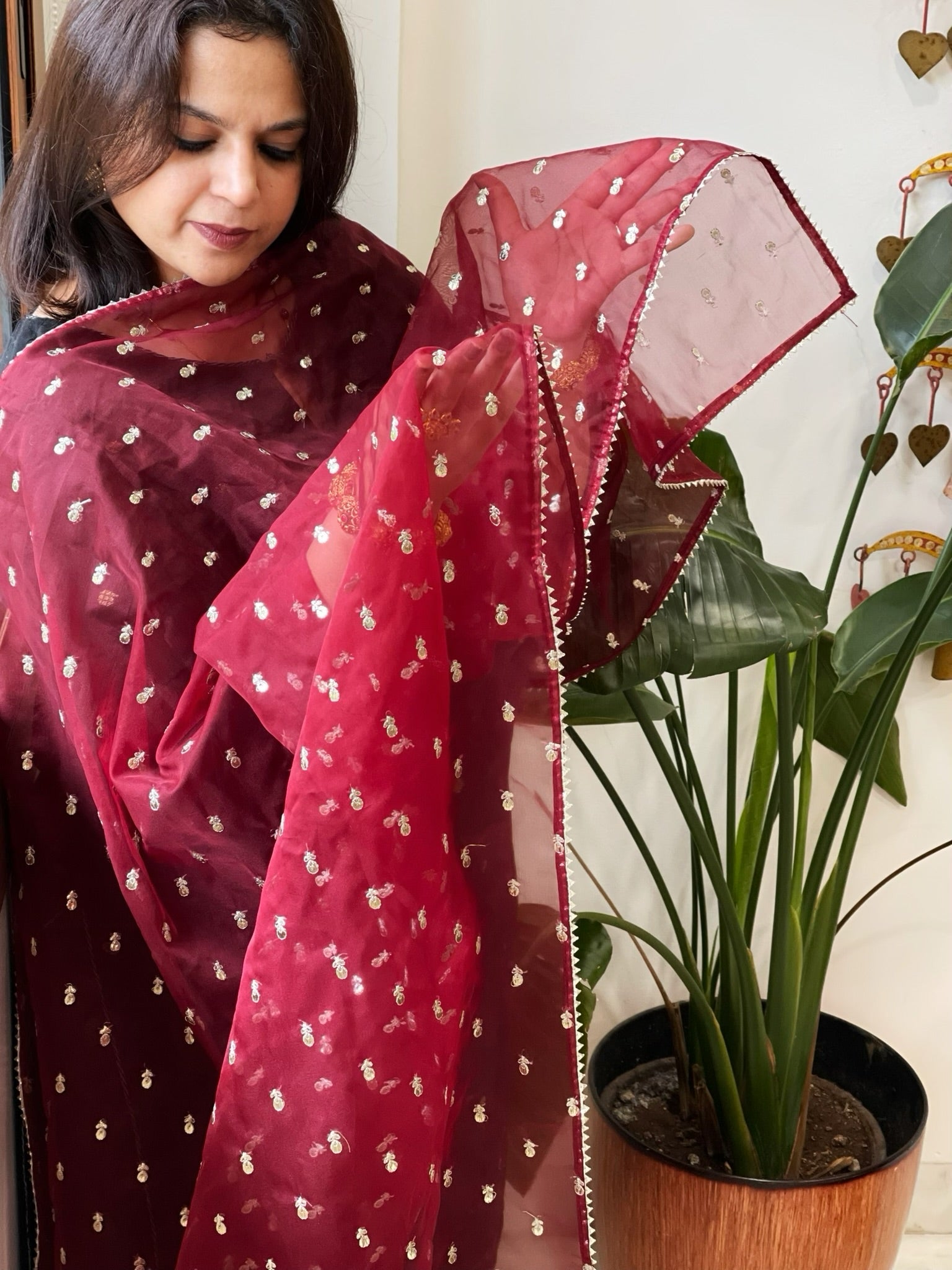 Maroon Organza Dupatta with Pitta Work Butas and Gota Lace Border - Masakalee