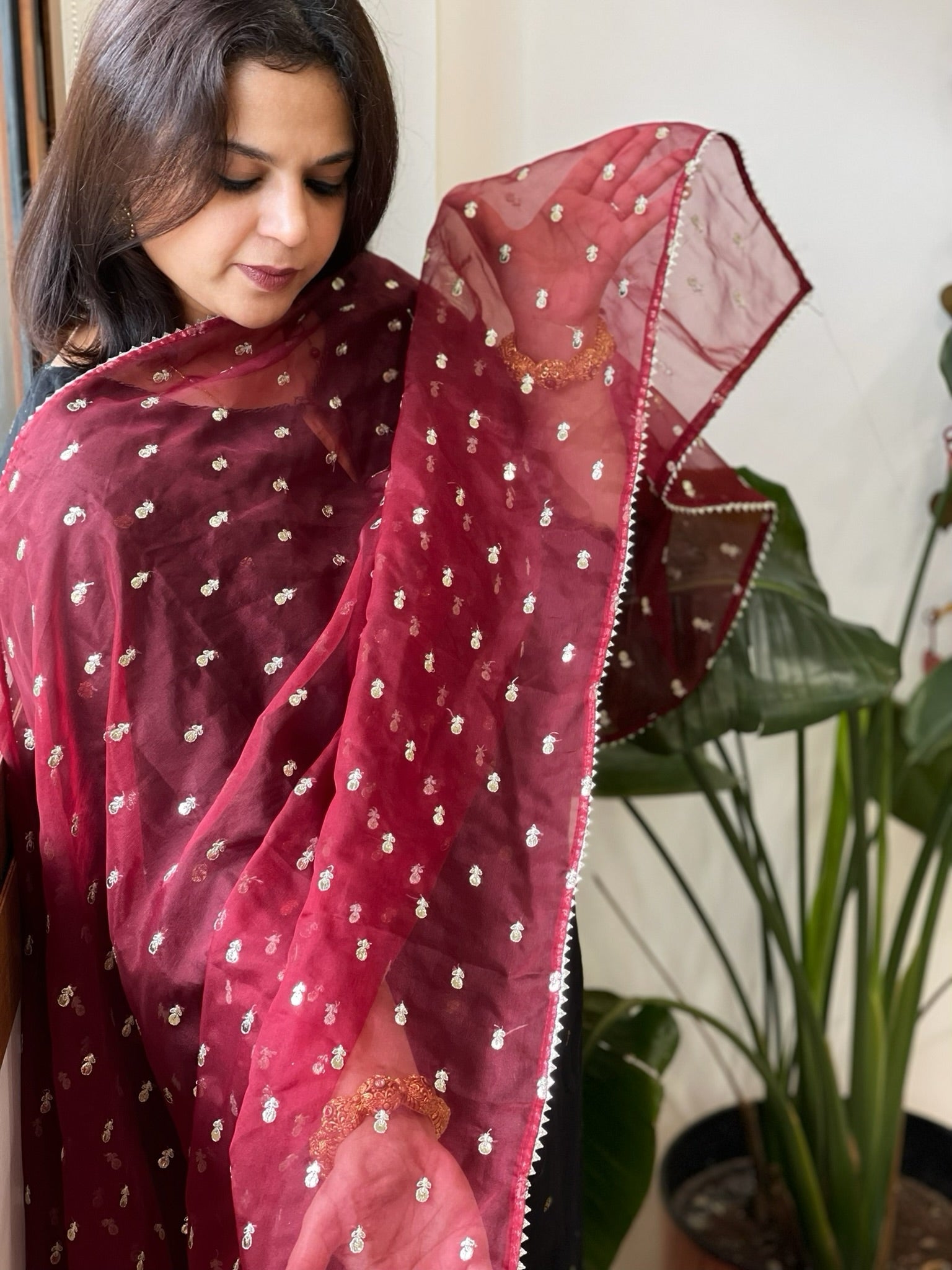Maroon Organza Dupatta with Pitta Work Butas and Gota Lace Border - Masakalee