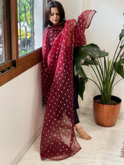 Maroon Organza Dupatta with Pitta Work Butas and Gota Lace Border - Masakalee