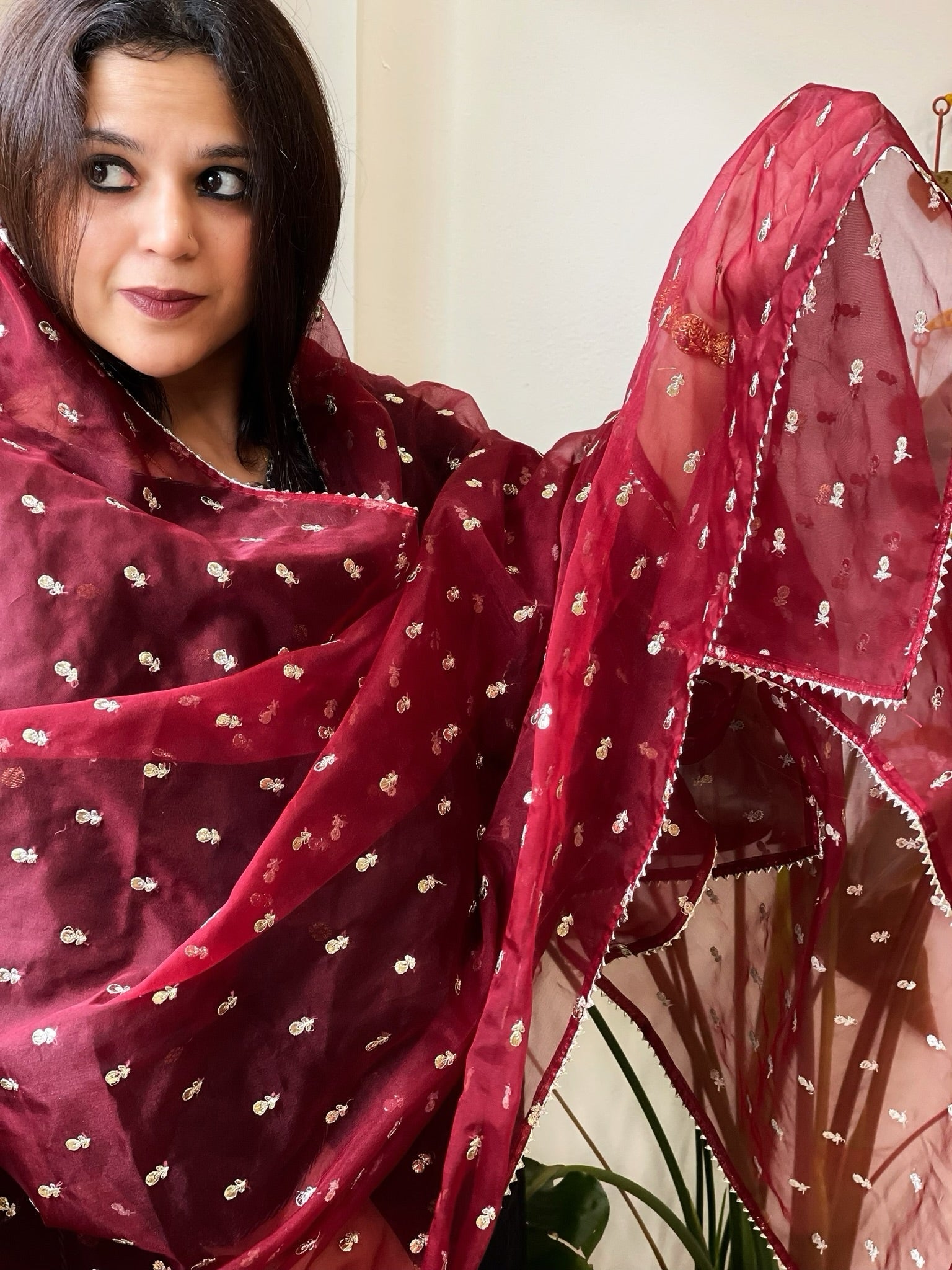 Maroon Organza Dupatta with Pitta Work Butas and Gota Lace Border - Masakalee