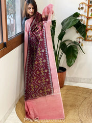 Maroon, Pink Handwoven Ikat Dupatta in Cotton - Masakalee