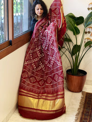 Maroon Printed Bandhej Chanderi Dupatta with Leather Gotapatti Work - Masakalee