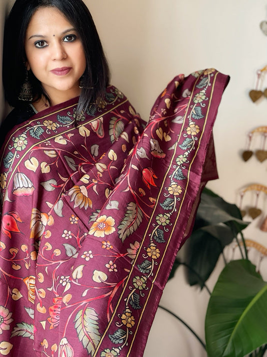 Maroon Printed Kalamkari Dupatta with Sequin Work and Zari Pallu in Dola Silk - Masakalee
