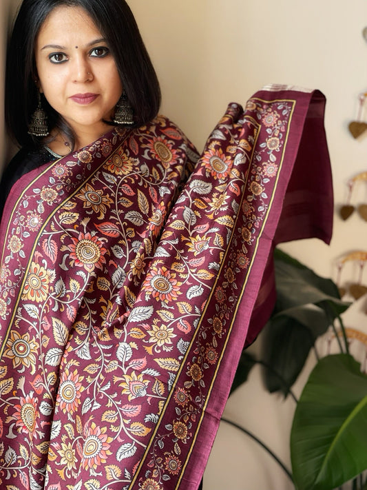 Maroon Printed Kalamkari Dupatta with Sequin Work and Zari Pallu in Dola Silk - Masakalee