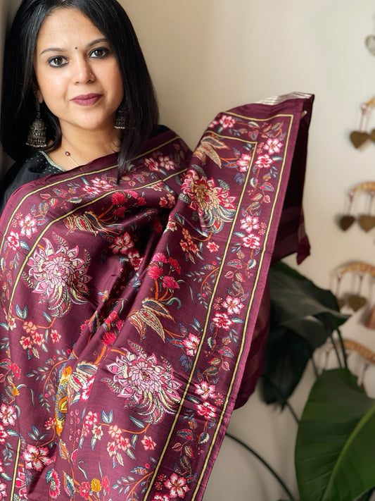 Maroon Printed Kalamkari Dupatta with Sequin Work and Zari Pallu in Dola Silk - Masakalee