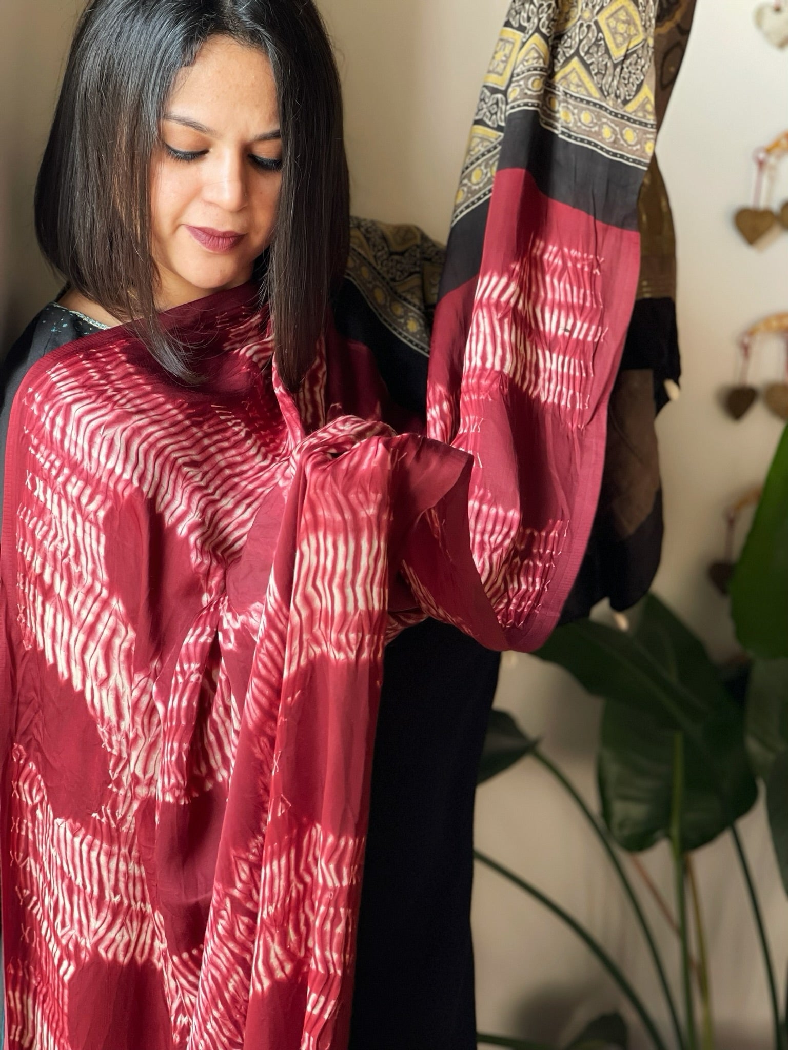 Maroon Shibori with Ajrakh Dupatta in Modal Silk - Masakalee