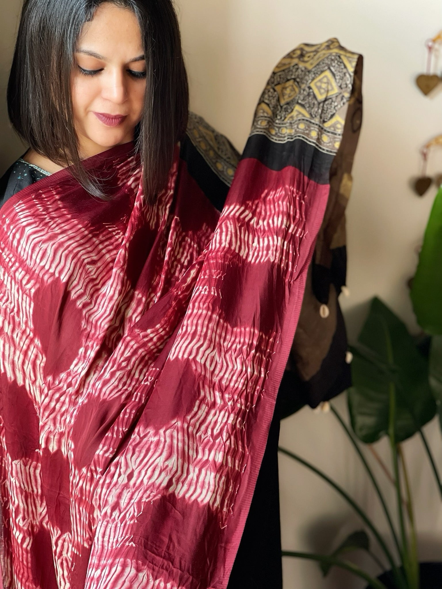 Maroon Shibori with Ajrakh Dupatta in Modal Silk - Masakalee
