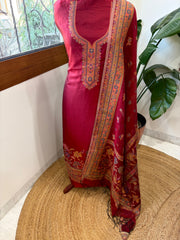 Maroon Suit Set with Handwoven Kaani and Zari in Pure Silk - Masakalee