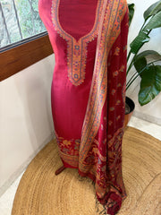 Maroon Suit Set with Handwoven Kaani and Zari in Pure Silk - Masakalee