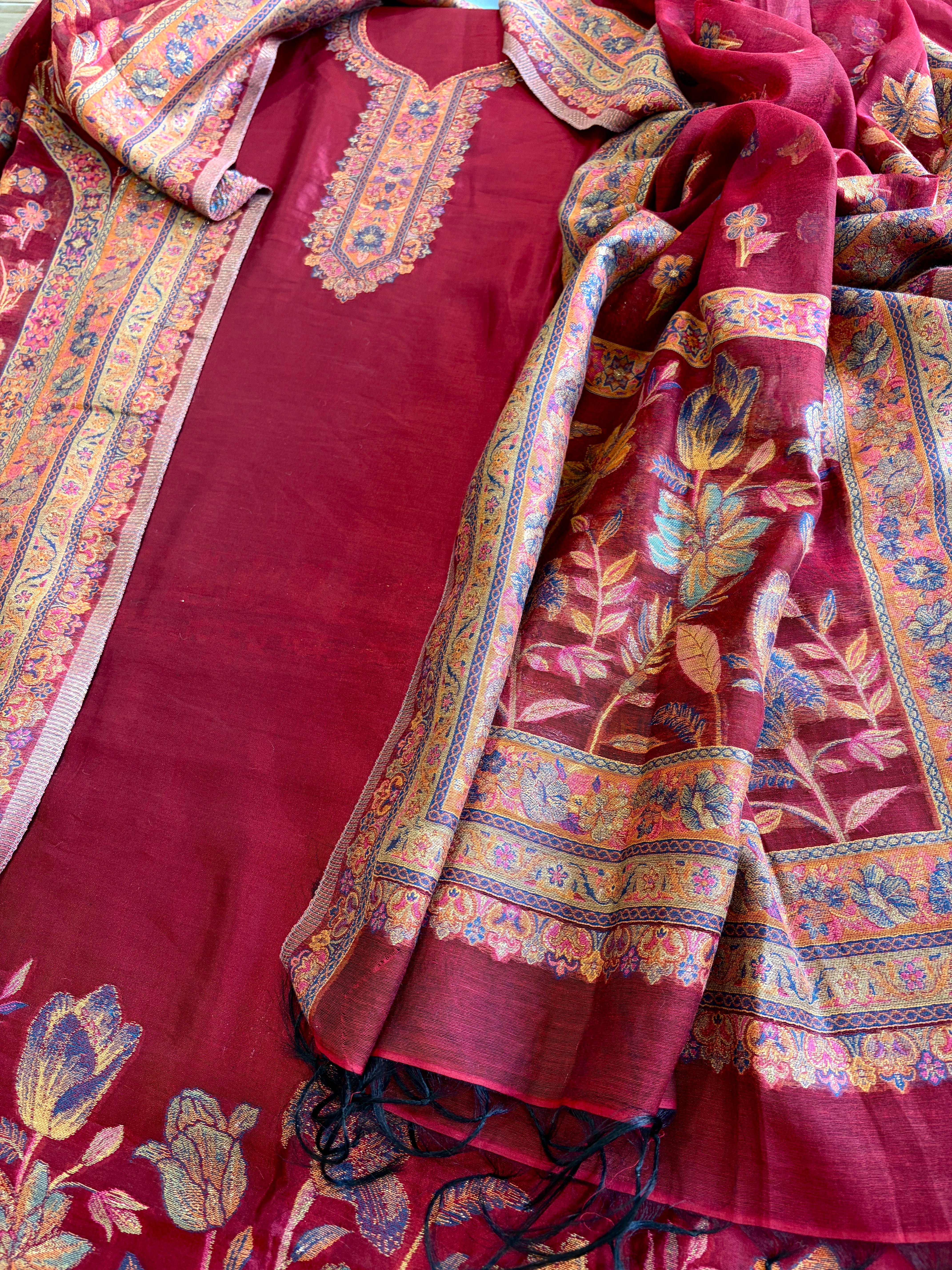 Maroon Suit Set with Handwoven Kaani and Zari in Pure Silk - Masakalee