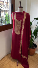 Maroon Winter Suit Set with Aari Work in Pashmina Wool - Masakalee
