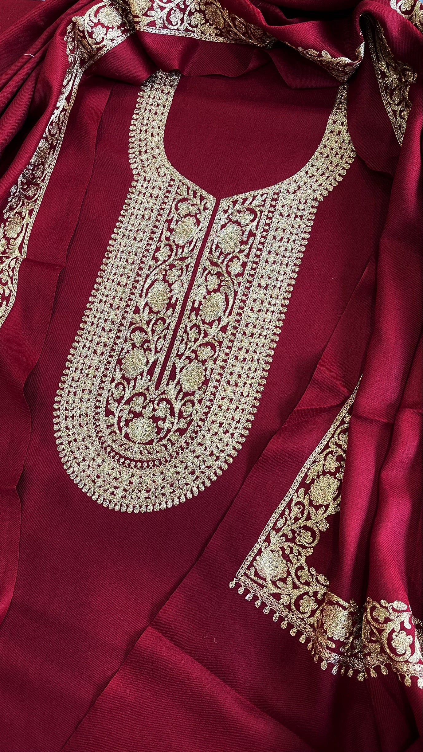 Maroon Winter Suit Set with Aari Work in Pashmina Wool - Masakalee