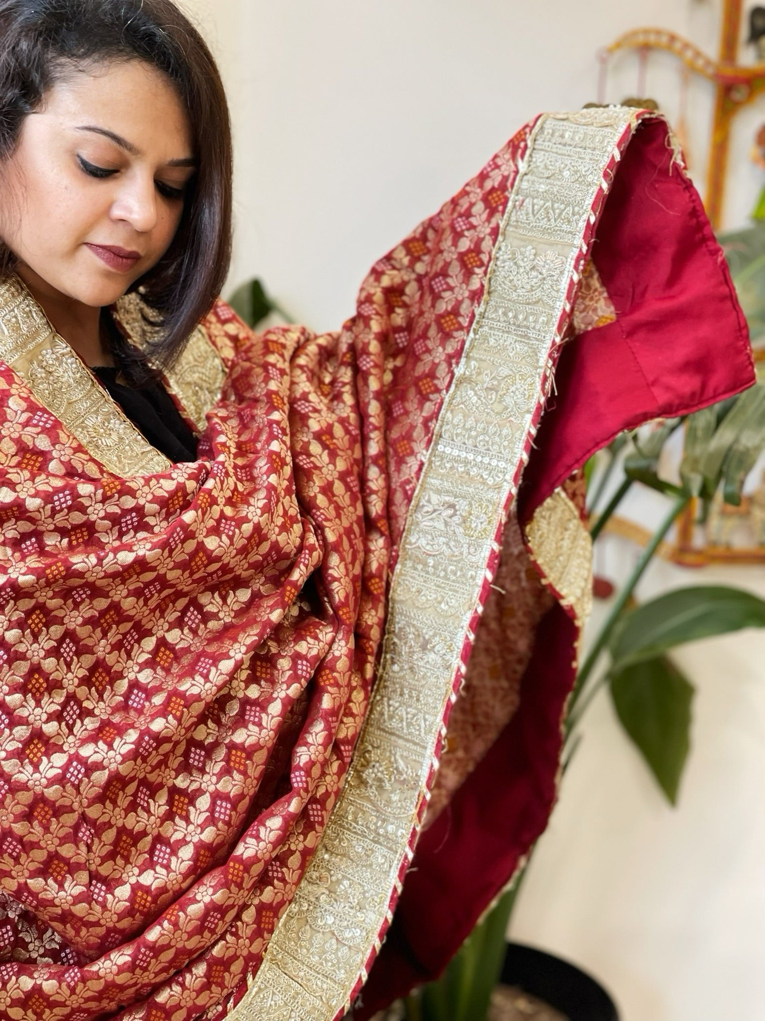Maroon Woven Bandhej Banarasi Dupatta in Fine Georgette with Pearl, Sequin, Dabka Work - Masakalee