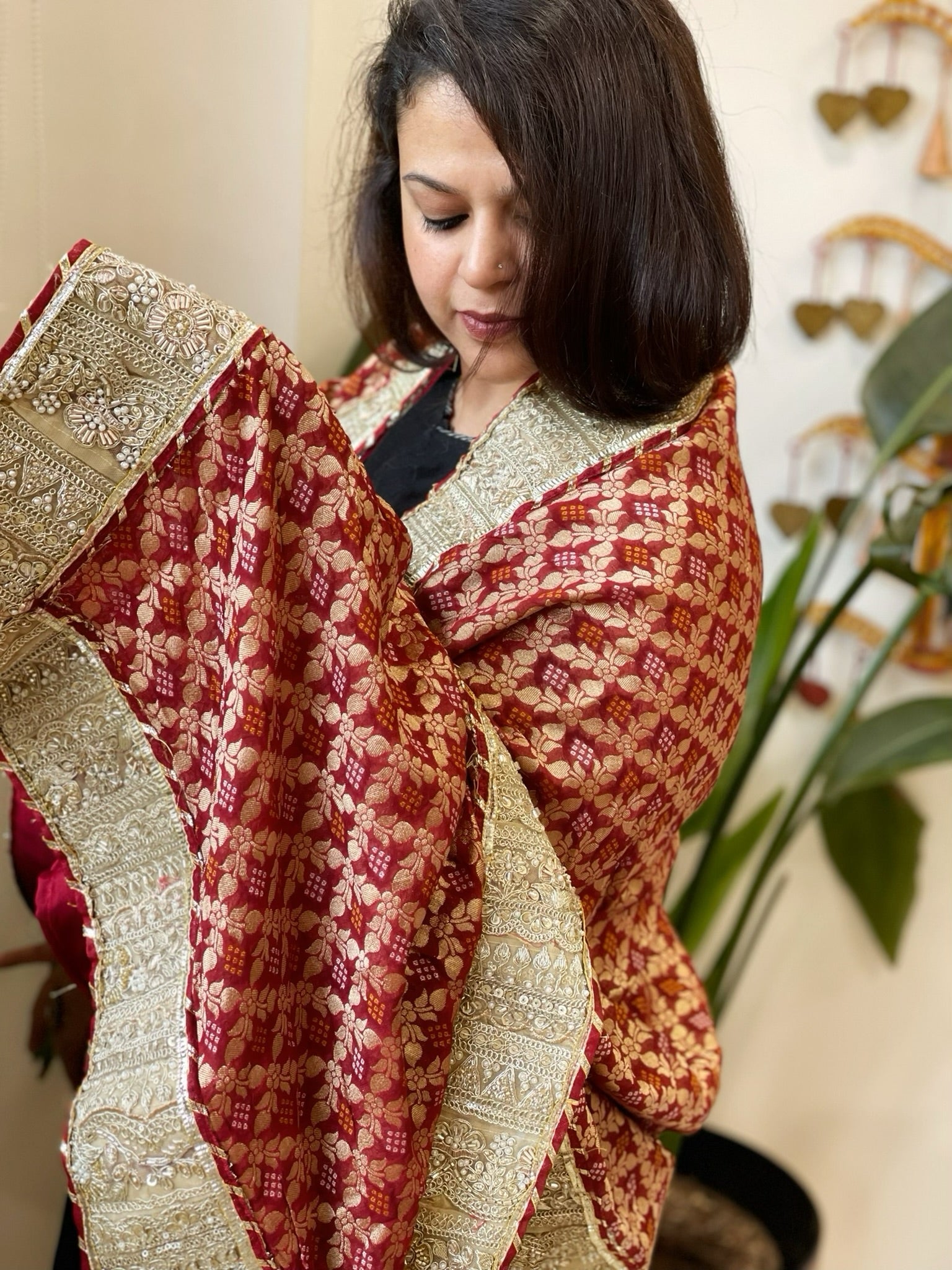Maroon Woven Bandhej Banarasi Dupatta in Fine Georgette with Pearl, Sequin, Dabka Work - Masakalee